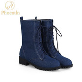 Phoentin cizme de dama din denim cu siret la jumatatea gambei med plate cu toc albastru cizme de iarna scurte de dama blugi adezivi pantofi de dama FT155
