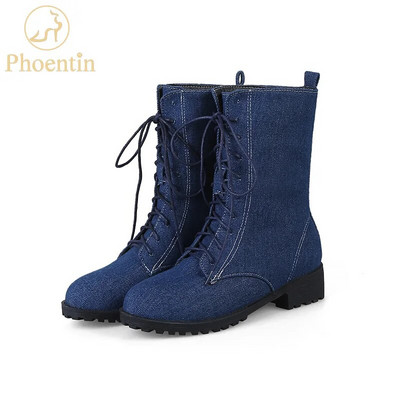 Phoentin cizme de dama din denim cu siret la jumatatea gambei med plate cu toc albastru cizme de iarna scurte de dama blugi adezivi pantofi de dama FT155