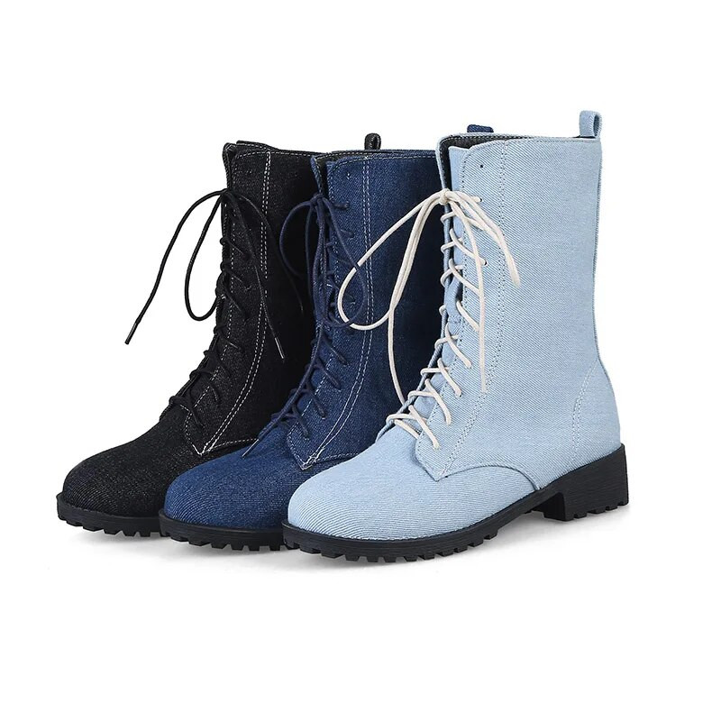 Phoentin γυναικείες τζιν μπότες με κορδόνια στο κέντρο της γάμπας med flat με μπλε φτέρνα κοντές γυναικείες χειμερινές μπότες τζιν αυτοκόλλητα γυναικεία παπούτσια FT155
