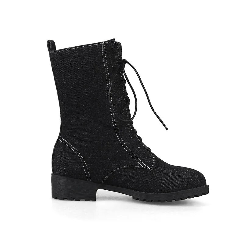 Phoentin γυναικείες τζιν μπότες με κορδόνια στο κέντρο της γάμπας med flat με μπλε φτέρνα κοντές γυναικείες χειμερινές μπότες τζιν αυτοκόλλητα γυναικεία παπούτσια FT155