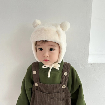 Бебешка шапка с двоен помпон Корейска едноцветна шапка с шапка за малко дете Външна зимна топла плюшена шапка за защита на ушите Gorras