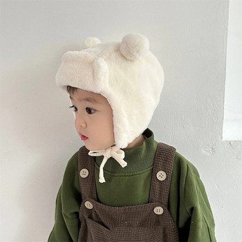 Καπέλο μωρού διπλού Pompom Κορεατικό μονόχρωμο νήπιο καπέλο Beanie εξωτερικού χώρου χειμώνα ζεστό βελούδινο καπέλα προστασίας αυτιών Gorras