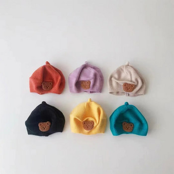 Бебешка шапка с анимационно мече Сладки плетени шапки с барети за бебета, момчета, момичета, есен, зима, корейски едноцветни детски топли шапки за малки деца