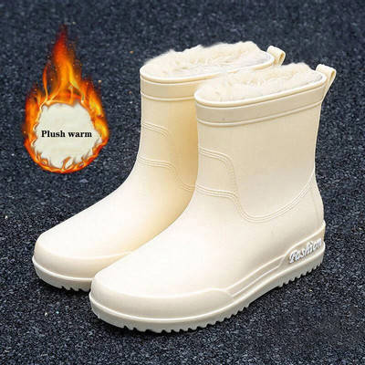 Μόδα Χειμερινές ζεστές βελούδινες μπότες βροχής για εξωτερικούς χώρους Άνετα γυναικεία παπούτσια εργασίας Πράσινα αντιολισθητικά παπούτσια νερού PVC αδιάβροχα παπούτσια από καουτσούκ