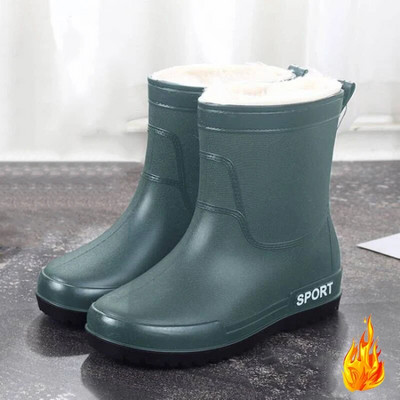Μόδα Χειμερινές ζεστές βελούδινες μπότες βροχής για εξωτερικούς χώρους Άνετα γυναικεία παπούτσια εργασίας Πράσινα αντιολισθητικά παπούτσια νερού PVC αδιάβροχα παπούτσια από καουτσούκ