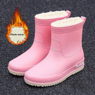 Μόδα Χειμερινές ζεστές βελούδινες μπότες βροχής για εξωτερικούς χώρους Άνετα γυναικεία παπούτσια εργασίας Πράσινα αντιολισθητικά παπούτσια νερού PVC αδιάβροχα παπούτσια από καουτσούκ