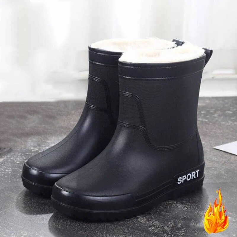 Μόδα Χειμερινές ζεστές βελούδινες μπότες βροχής για εξωτερικούς χώρους Άνετα γυναικεία παπούτσια εργασίας Πράσινα αντιολισθητικά παπούτσια νερού PVC αδιάβροχα παπούτσια από καουτσούκ
