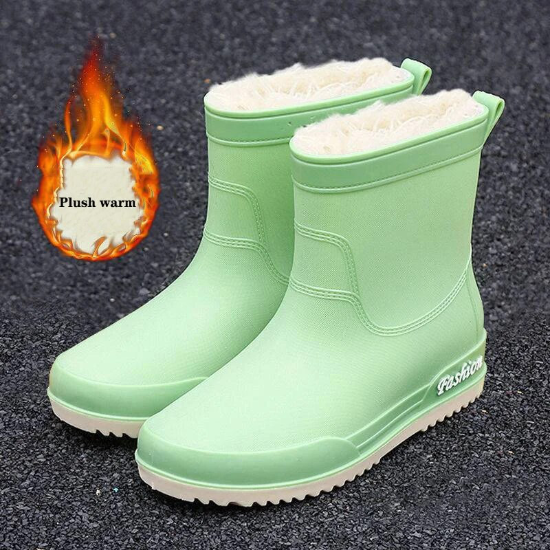 Μόδα Χειμερινές ζεστές βελούδινες μπότες βροχής για εξωτερικούς χώρους Άνετα γυναικεία παπούτσια εργασίας Πράσινα αντιολισθητικά παπούτσια νερού PVC αδιάβροχα παπούτσια από καουτσούκ