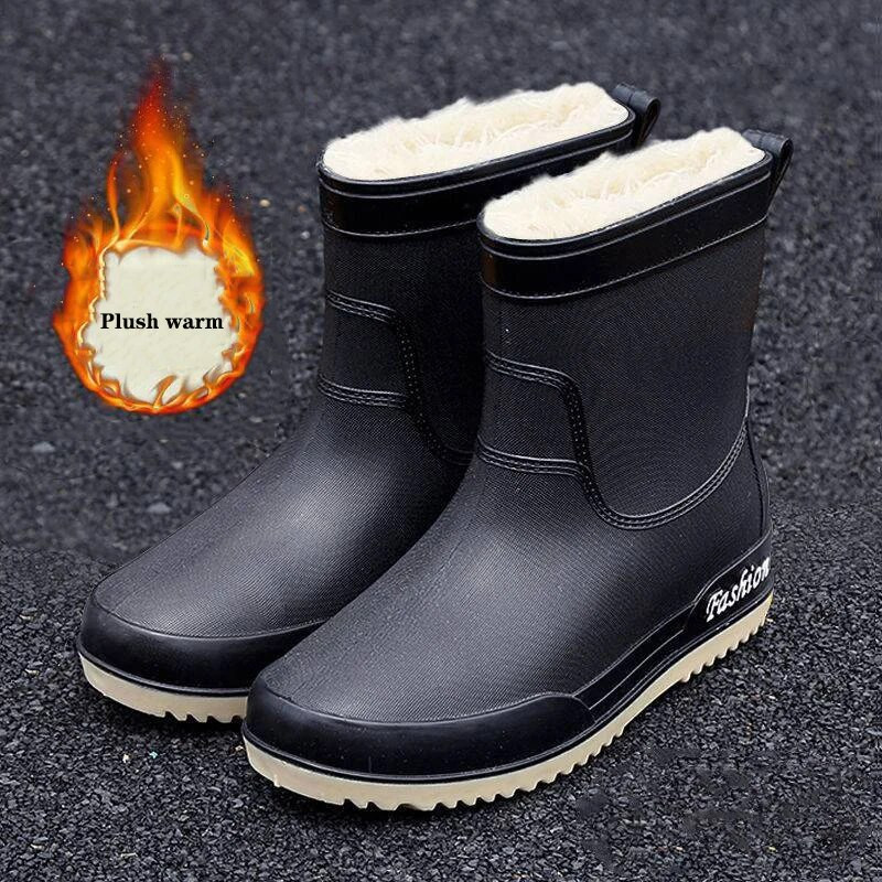 Μόδα Χειμερινές ζεστές βελούδινες μπότες βροχής για εξωτερικούς χώρους Άνετα γυναικεία παπούτσια εργασίας Πράσινα αντιολισθητικά παπούτσια νερού PVC αδιάβροχα παπούτσια από καουτσούκ