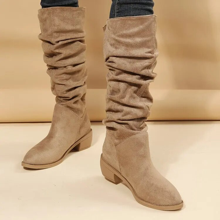 Cizme noi de înaltă calitate plisate pentru femei, negru, nud, din piele de căprioară artificială, cizme înalte până la genunchi, pantofi rochii plate toamnă iarnă 2023