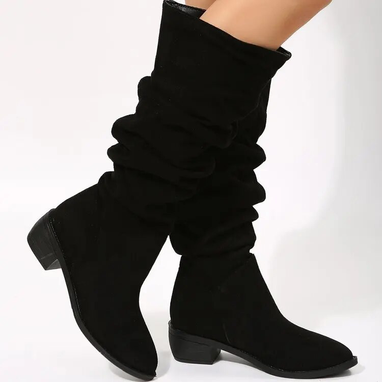 Cizme noi de înaltă calitate plisate pentru femei, negru, nud, din piele de căprioară artificială, cizme înalte până la genunchi, pantofi rochii plate toamnă iarnă 2023