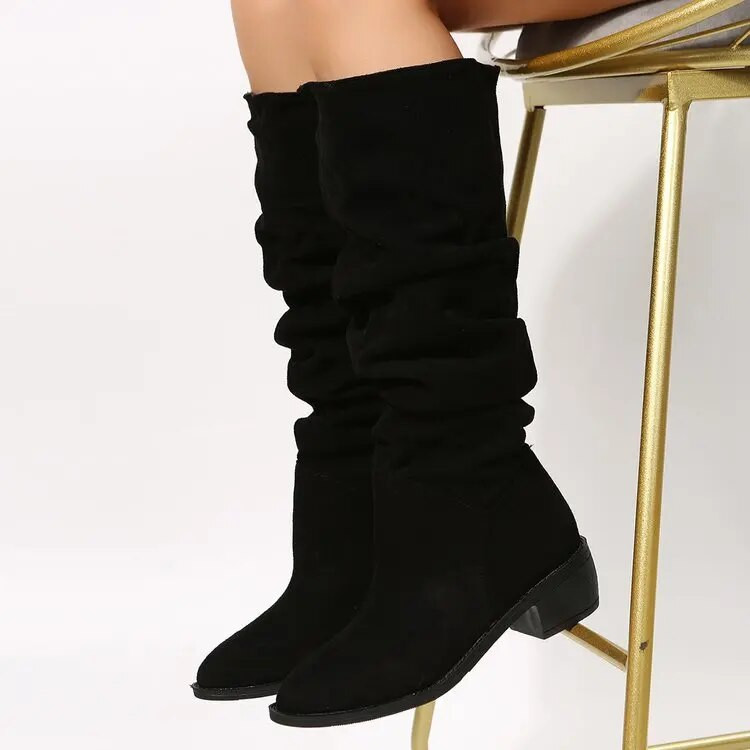 Cizme noi de înaltă calitate plisate pentru femei, negru, nud, din piele de căprioară artificială, cizme înalte până la genunchi, pantofi rochii plate toamnă iarnă 2023