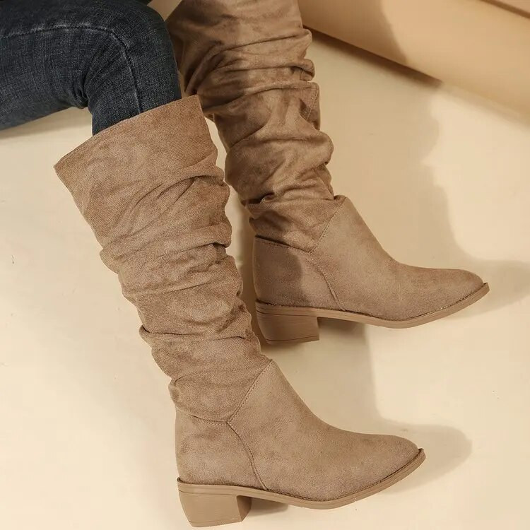 Cizme noi de înaltă calitate plisate pentru femei, negru, nud, din piele de căprioară artificială, cizme înalte până la genunchi, pantofi rochii plate toamnă iarnă 2023