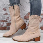 Φθινοπωρινές χειμερινές γυναικείες κοντές μπότες Ρωμαϊκές ρετρό μυτερές δυτικές μπότες μόδας χαμηλά τακούνια μασίφ γυναικεία μποτάκια Botas Mujer