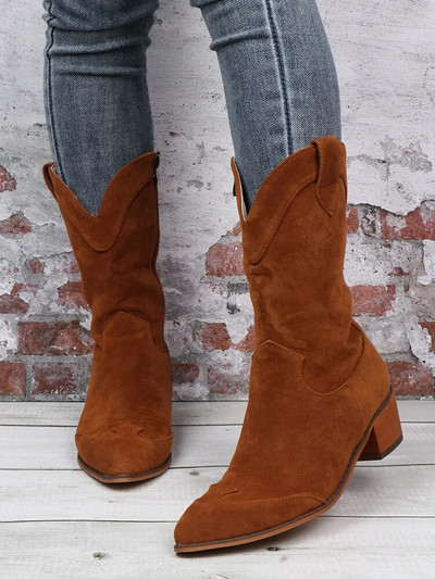 Φθινοπωρινές χειμερινές γυναικείες κοντές μπότες Ρωμαϊκές ρετρό μυτερές δυτικές μπότες μόδας χαμηλά τακούνια μασίφ γυναικεία μποτάκια Botas Mujer