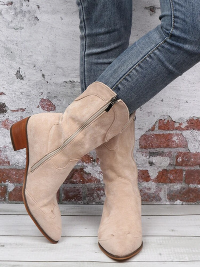 Φθινοπωρινές χειμερινές γυναικείες κοντές μπότες Ρωμαϊκές ρετρό μυτερές δυτικές μπότες μόδας χαμηλά τακούνια μασίφ γυναικεία μποτάκια Botas Mujer