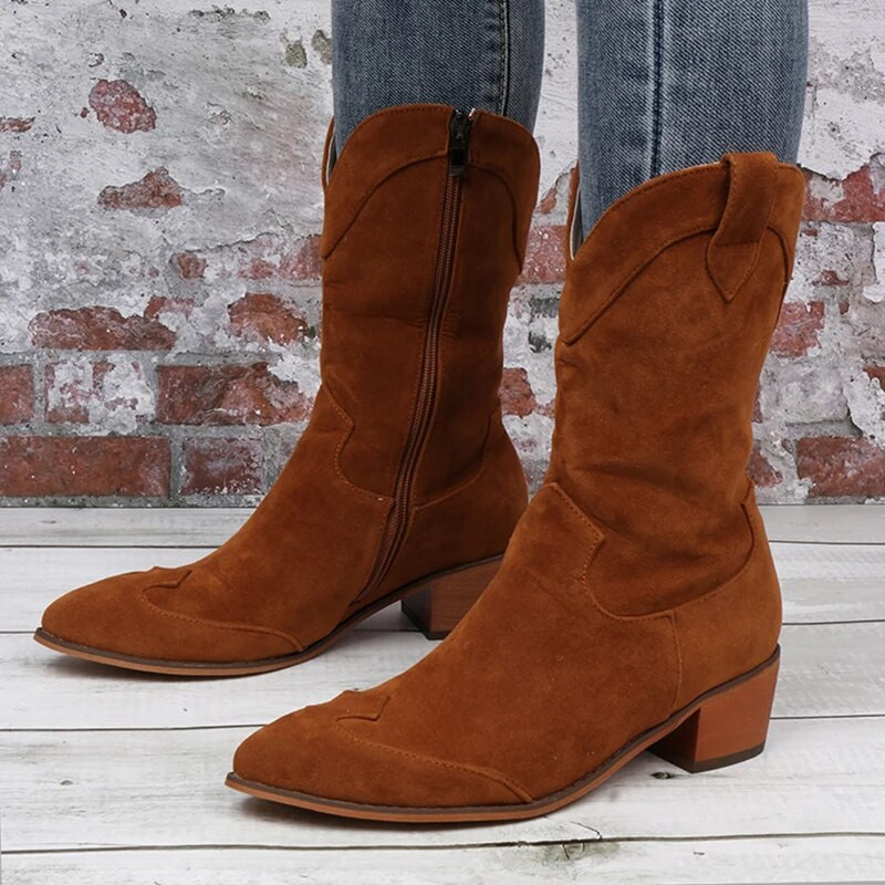 Φθινοπωρινές χειμερινές γυναικείες κοντές μπότες Ρωμαϊκές ρετρό μυτερές δυτικές μπότες μόδας χαμηλά τακούνια μασίφ γυναικεία μποτάκια Botas Mujer