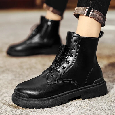2023 Зимни модни ботуши за мъже Черни ежедневни високи обувки Мъжки нови кожени ботуши Мотоциклетни мъжки ботуши до глезена