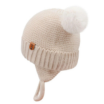Сладка бебешка шапка с помпон Зимна топла детска шапка с боне, плетена на една кука, плътен цвят, защита на децата, шапка с шапка за малко дете, шапка с шапка за момичета, момчета