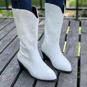 Κεντημένες λευκές γυναικείες μπότες Western 2023 Φθινοπωρινό Slip On Ψηλοτάκουνα Μπότες Cowboy Woman Plus μέγεθος 43 μύτη Mid Calf Botas