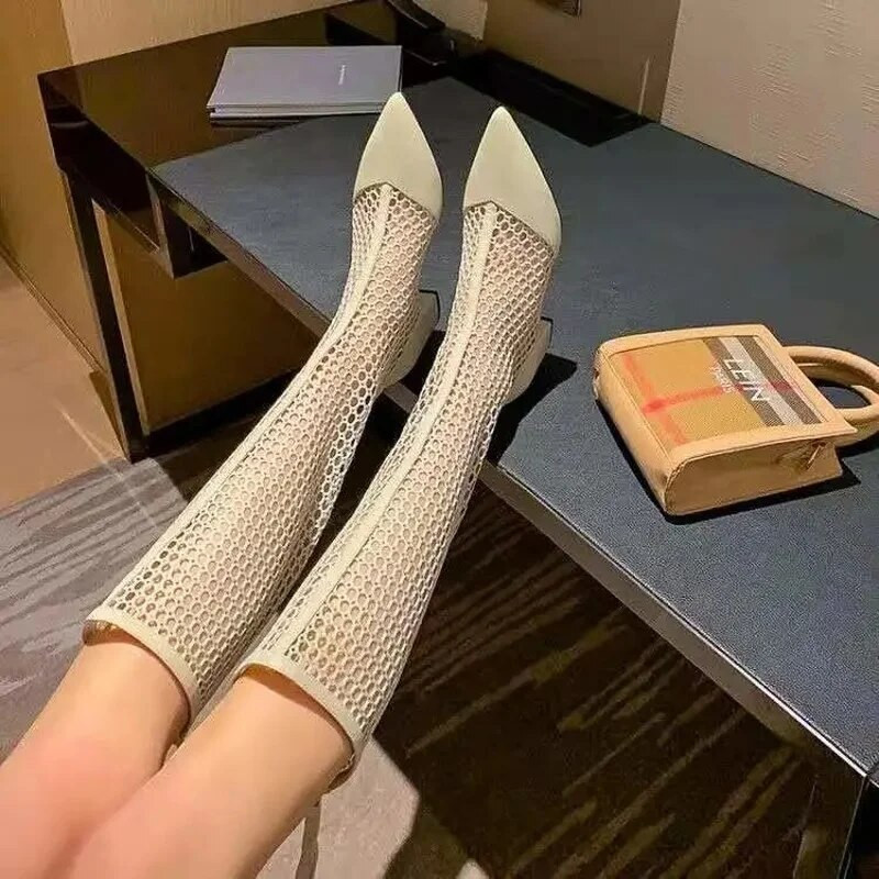 Naiste sandaalid Saapad 2023 suvi uus võrgust põlvekõrgused saapad hingavad väljalõikega saapad Naiste valged lamedad saapad reie kõrged saapad