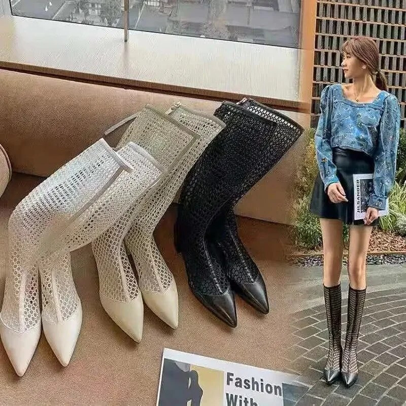 Naiste sandaalid Saapad 2023 suvi uus võrgust põlvekõrgused saapad hingavad väljalõikega saapad Naiste valged lamedad saapad reie kõrged saapad