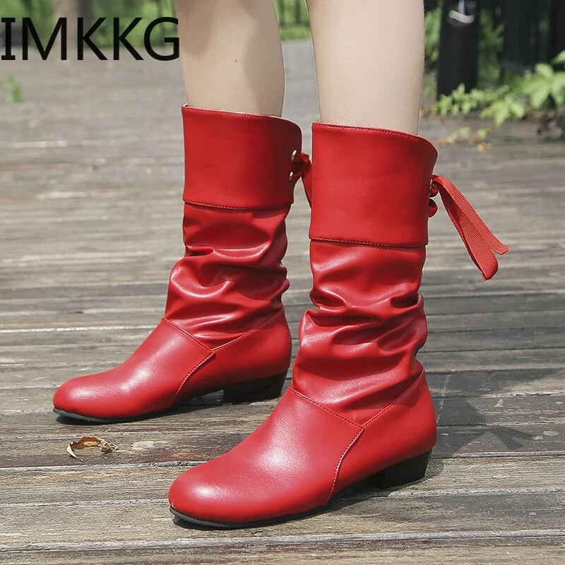 Plus Size 35-43 Γυναικείες μπότες στη μέση της γάμπας Lace Up Χαμηλά τακούνια Χειμερινά παπούτσια Μαύρη κόκκινη μπότα Λευκή Botas Mujer Γυναικεία μπότα κόκκινο