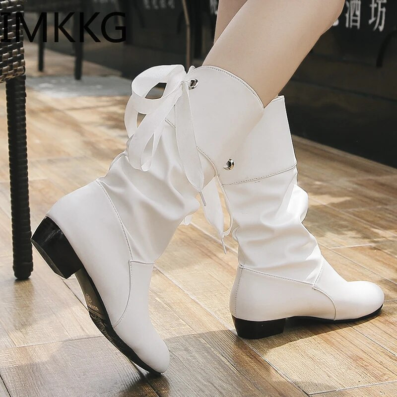 Plus Size 35-43 Γυναικείες μπότες στη μέση της γάμπας Lace Up Χαμηλά τακούνια Χειμερινά παπούτσια Μαύρη κόκκινη μπότα Λευκή Botas Mujer Γυναικεία μπότα κόκκινο