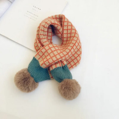 Nouă Iarnă Copii Eșarfe tricotate în carouri Stil coreean Moale Pompon Patchwork Şal Copii Călduț Batic