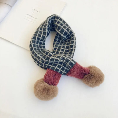 Nouă Iarnă Copii Eșarfe tricotate în carouri Stil coreean Moale Pompon Patchwork Şal Copii Călduț Batic