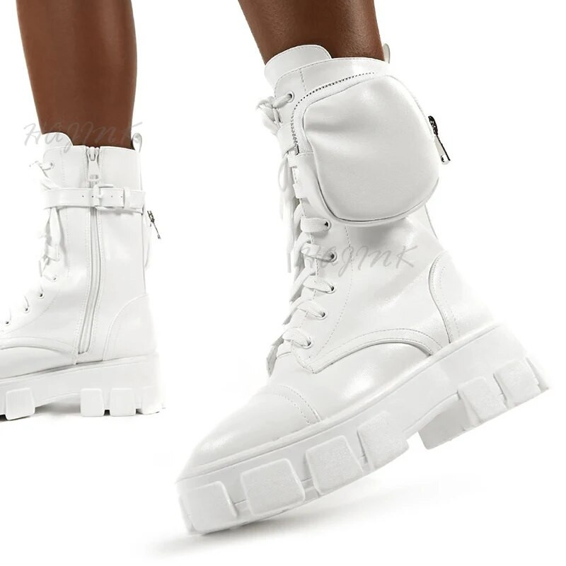 Γυναικείες μπότες 2020 Μόδα ογκώδεις μπότες Μπότες πλατφόρμα τσέπης Λευκά παπούτσια για γυναίκες Φθινοπωρινές χειμερινές μπότες ψηλοτάκουνα Botas Mujer