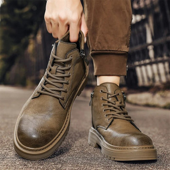 Ανδρικές μπότες με πλαϊνό φερμουάρ 2023 Νέα ανδρικά παπούτσια PU Flat mid-top ανδρικές μπότες casual χρώμα που ταιριάζουν Ευέλικτες μπότες μοτοσικλέτας Zapatos