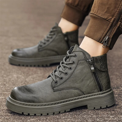 Ανδρικές μπότες με πλαϊνό φερμουάρ 2023 Νέα ανδρικά παπούτσια PU Flat mid-top ανδρικές μπότες casual χρώμα που ταιριάζουν Ευέλικτες μπότες μοτοσικλέτας Zapatos