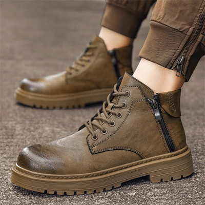 Ανδρικές μπότες με πλαϊνό φερμουάρ 2023 Νέα ανδρικά παπούτσια PU Flat mid-top ανδρικές μπότες casual χρώμα που ταιριάζουν Ευέλικτες μπότες μοτοσικλέτας Zapatos