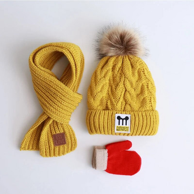 Costum pentru copii Toamnă/Iarnă Băieți/Fete Pălărie de păr Fular Mănuși Pălărie din lână tricotată din trei piese plus lână pentru protecție împotriva frigului