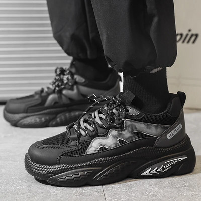 Pantofi cu șireturi Pantofi pentru bărbați, primăvară și toamnă, fund gros, gură mică, pantofi sport pentru bărbați, PU, vârf rotund, pantofi vulcanizați pentru bărbați