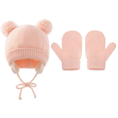 Set de mănuși pentru pălărie tricotată cu pompon drăguț pentru bebeluși, 2 buc