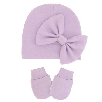 Βρεφικό άνετο ζεστό σετ καπέλων πλεξίματος και γαντιών μονόχρωμο φιόγκοι Νεογέννητο σκουφάκι μωρού αντι-φαγικό γάντι προστασίας προσώπου κατά της λαβής