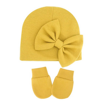 Бебешка удобна топла шапка за плетене и комплект ръкавици Едноцветни панделки Шапка за новородено Бебешка ръкавица против ядене, ръка против хващане, Защита на лицето