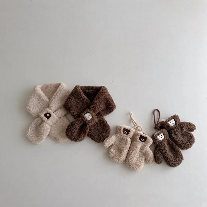 3-6 ani Iarna Copii Desene Animate Mănuși Eșarfă Set Două Piese De Pluș Băiat Fete Urs Moale Catifea Mănuși De Lână Batic Toamnă