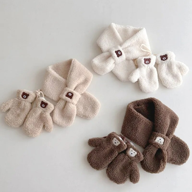 3-6 ani Iarna Copii Desene Animate Mănuși Eșarfă Set Două Piese De Pluș Băiat Fete Urs Moale Catifea Mănuși De Lână Batic Toamnă
