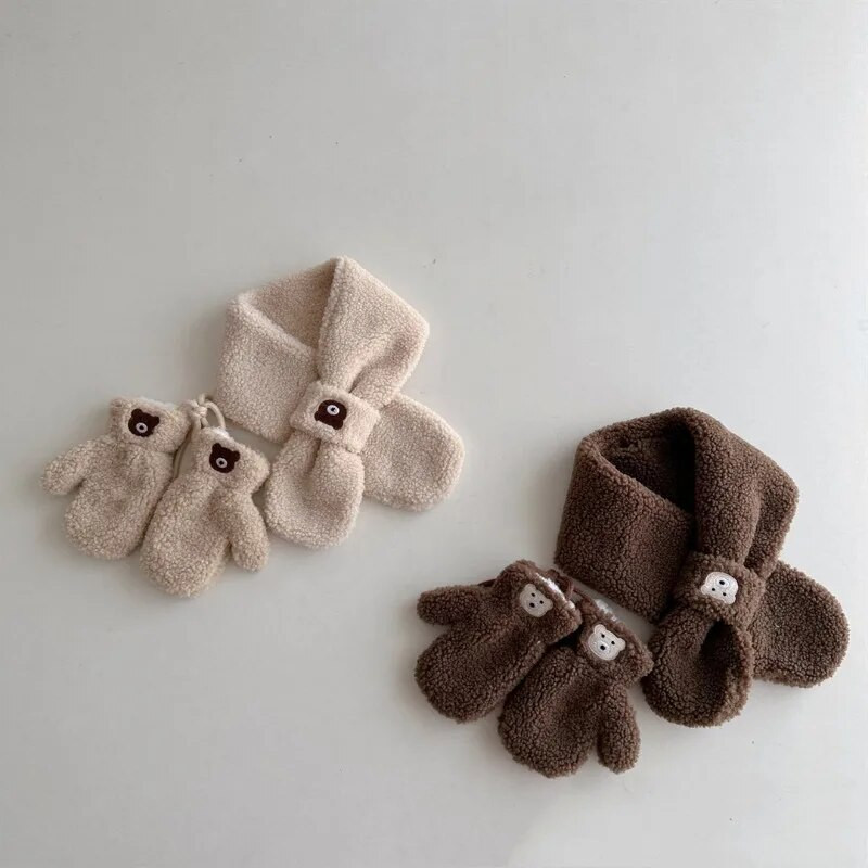3-6 ani Iarna Copii Desene Animate Mănuși Eșarfă Set Două Piese De Pluș Băiat Fete Urs Moale Catifea Mănuși De Lână Batic Toamnă