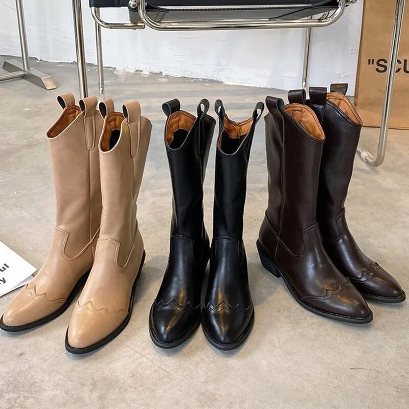 Γυναικείες μπότες Western Mid Calf PU Δερμάτινες μπότες Γυναικείες μαύρες καουμπόικες ρετρό γυναικείες εργαζόμενες παπούτσια Oxford Γυναικεία Vintage Casual Botas