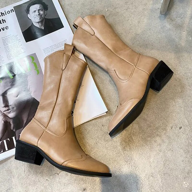 Γυναικείες μπότες Western Mid Calf PU Δερμάτινες μπότες Γυναικείες μαύρες καουμπόικες ρετρό γυναικείες εργαζόμενες παπούτσια Oxford Γυναικεία Vintage Casual Botas