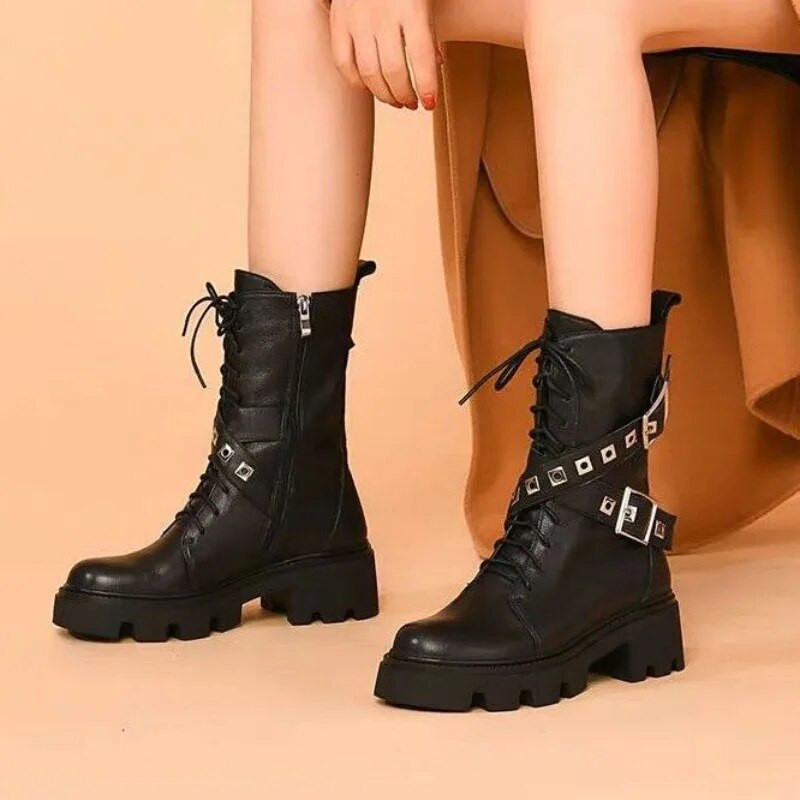 Γυναικείες μπότες Punk Παπούτσια για Γυναικεία Παπούτσια Half Platform Biker Studded Mid Calf Western 2023 New on Promotion Work Rock In
