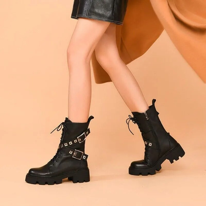 Γυναικείες μπότες Punk Παπούτσια για Γυναικεία Παπούτσια Half Platform Biker Studded Mid Calf Western 2023 New on Promotion Work Rock In