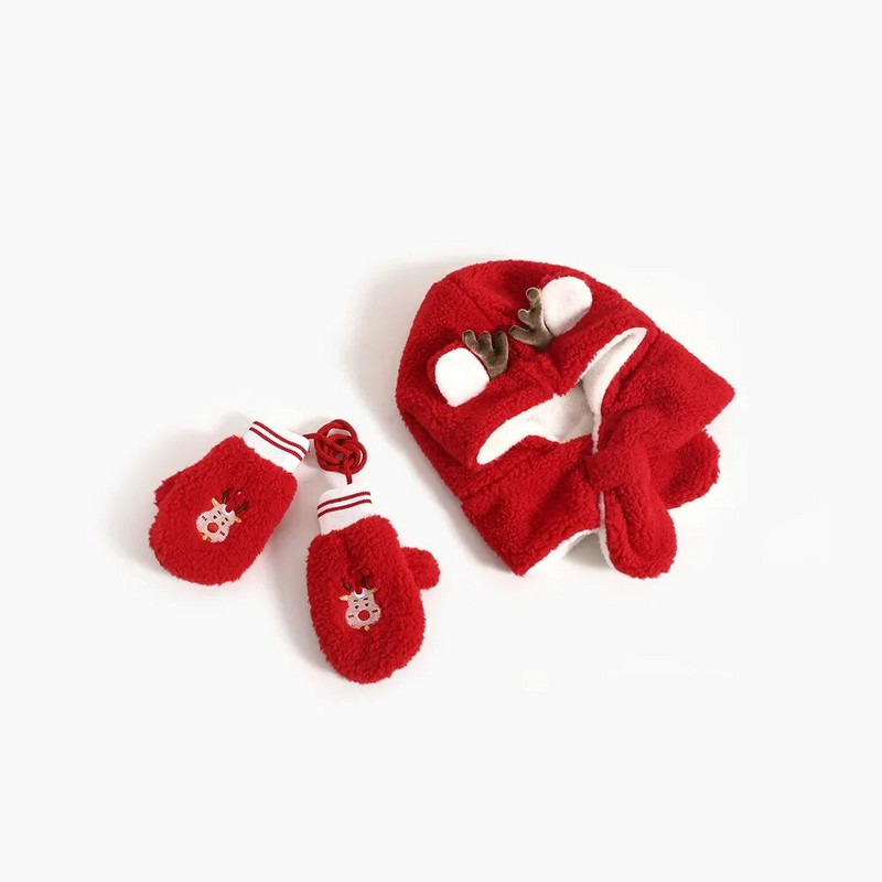 2023 Παιδικό καπέλο Φθινοπωρινό και Χειμώνα Χριστουγεννιάτικο κασκόλ με καπέλο ελαφιού Ένα ζεστό αντιανεμικό σετ γάντια μωρού με καπέλο fleece