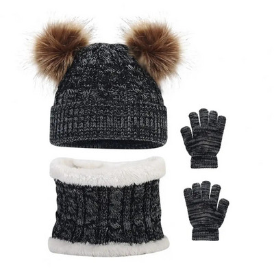 Pălărie pentru copii, mănuși, set de eșarfe, confortabil și elegant, set de accesorii de iarnă pentru copii, pălărie tricotată, mănuși, eșarfă cu minge de pluș pentru plin