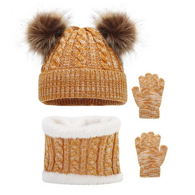 Pălărie pentru copii, mănuși, set de eșarfe, confortabil și elegant, set de accesorii de iarnă pentru copii, pălărie tricotată, mănuși, eșarfă cu minge de pluș pentru plin