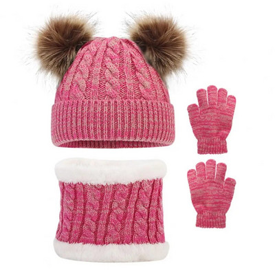 Pălărie pentru copii, mănuși, set de eșarfe, confortabil și elegant, set de accesorii de iarnă pentru copii, pălărie tricotată, mănuși, eșarfă cu minge de pluș pentru plin